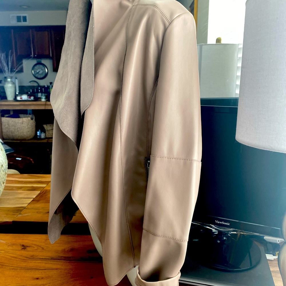 Leather jacket, loose lapels, neutral taupe